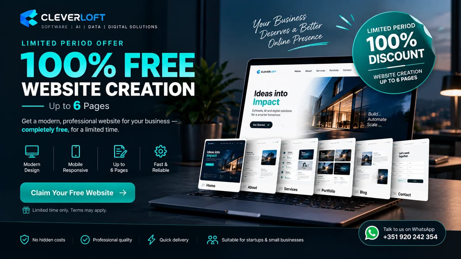Limited offer: 100% free website up to 6 pages. WhatsApp +351 920 242 354.