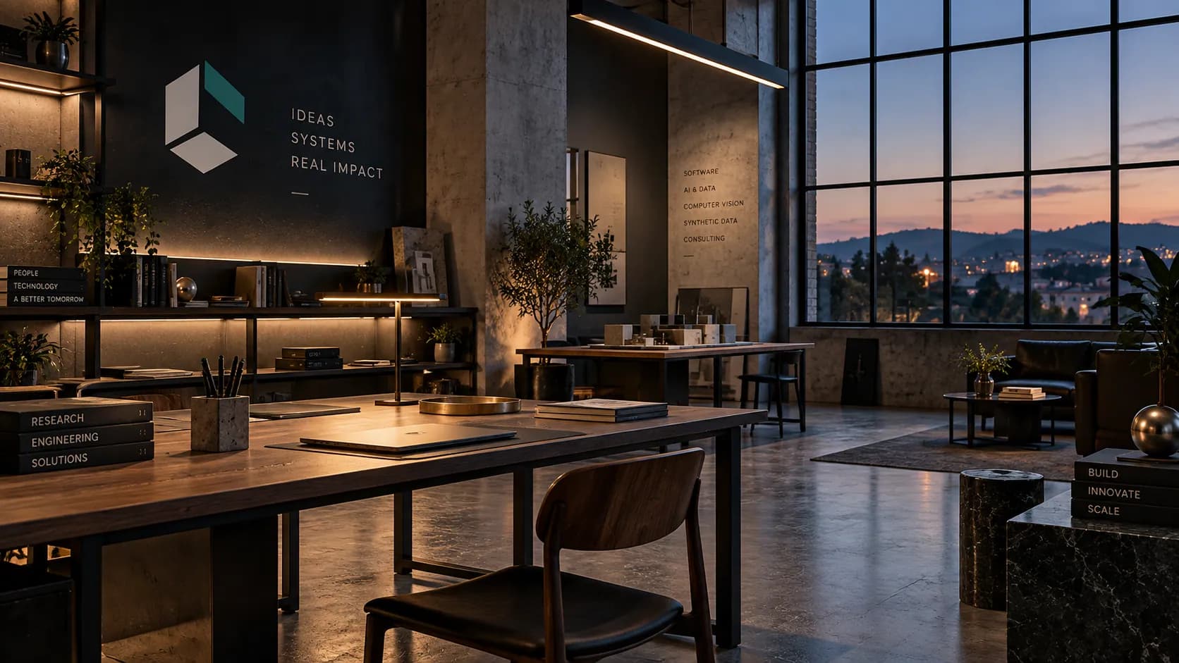 Empty European technology atelier at dusk: plaster, dark steel, work tables, and a large window